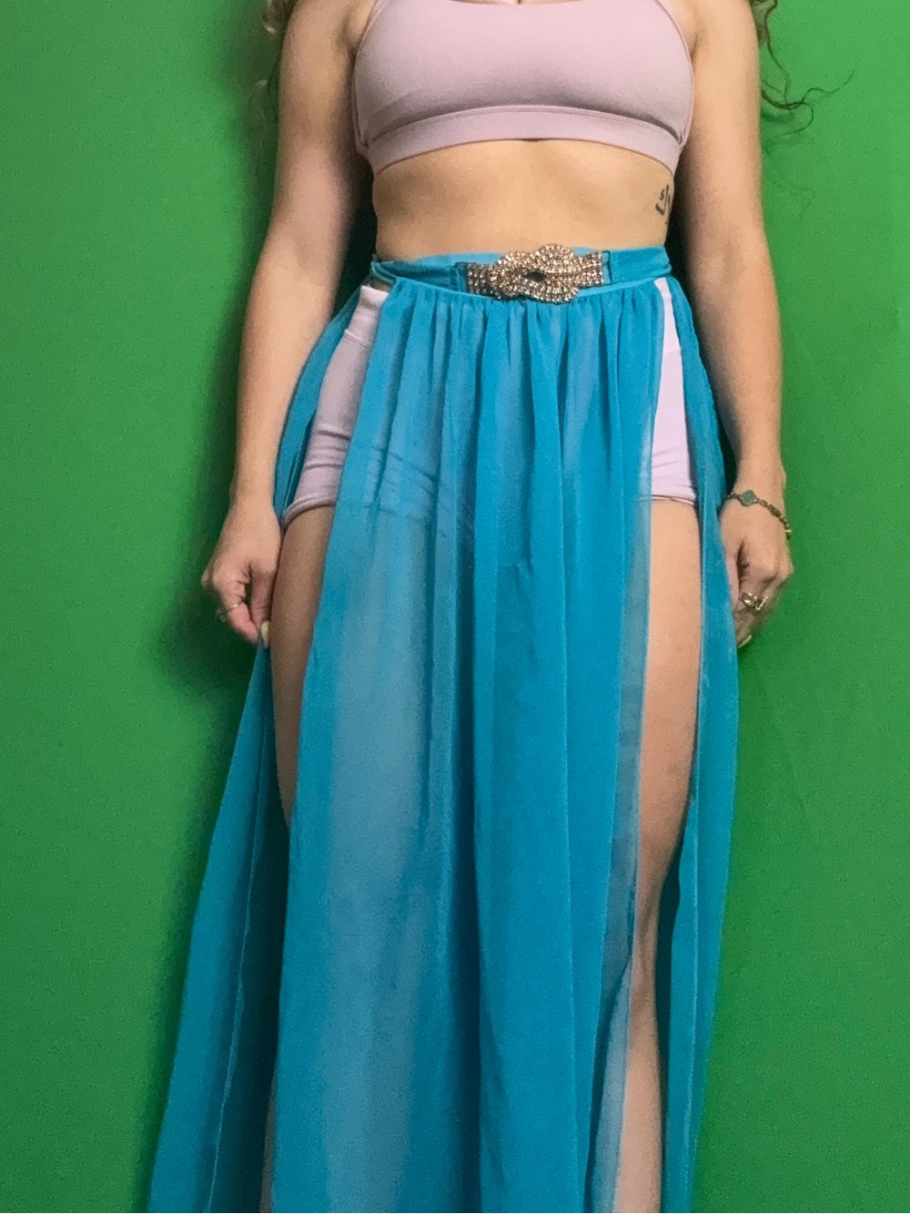 Blue Sheer Split Maxi Skirt with Decorative Belt
